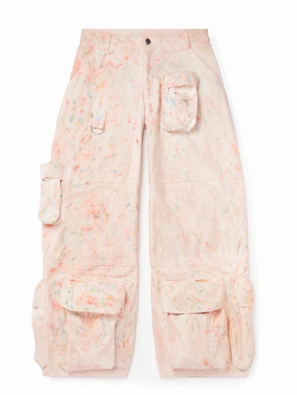 Collina Strada Wide Leg Utility Cargo Pants in Pale Pink Paint-Splatter detail